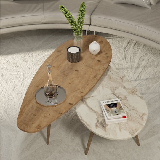Oval Central Coffee Table Monty Wooden Natural Beige Marble 2 Pieces W116xL46xH46cm