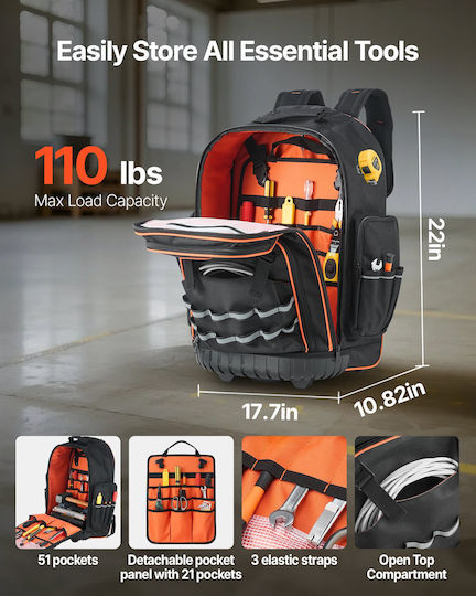Vevor Tool Backpack Black L45xW27.5xH56cm