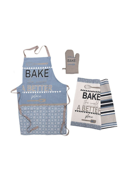 Küchen Set 4 Stück Schürze mit Ofenhandschuh & Küchentücher Bedruckt 970 Blau