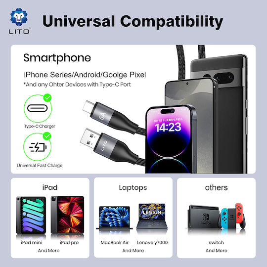 Lito Geflochten USB 2.0 Kabel USB-C männlich - USB-A 18W Gray 1m