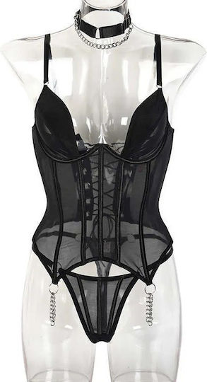Set De Lenjerie Sexy Transparent Corset Colier Lanțuri Metalice Reglabile Spate Negru