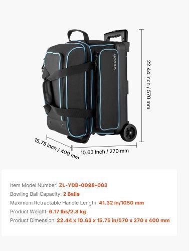 Vevor 2 Ball Bowling Bag Wheels Double Roller Bowling Bag Shoe Compartment