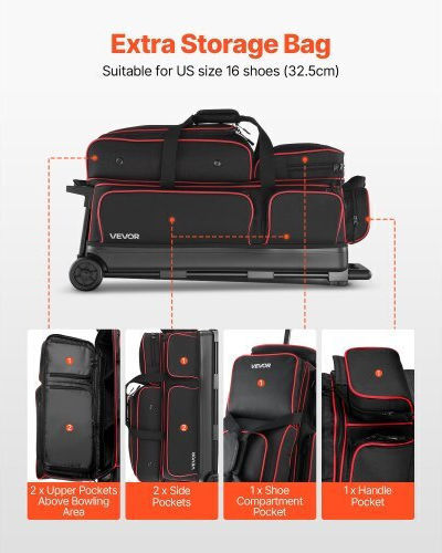 Vevor 3 Ball Bowling Bag Wheels Double Roller Bowling Bag Shoe Compartments