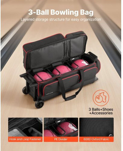 Vevor 3 Ball Bowling Bag Wheels Double Roller Bowling Bag Shoe Compartments