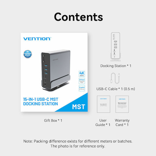Vention USB-C Docking Station with HDMI/DisplayPort 4K PD Ethernet and Support for 3 Monitors Gray (TPUH0)