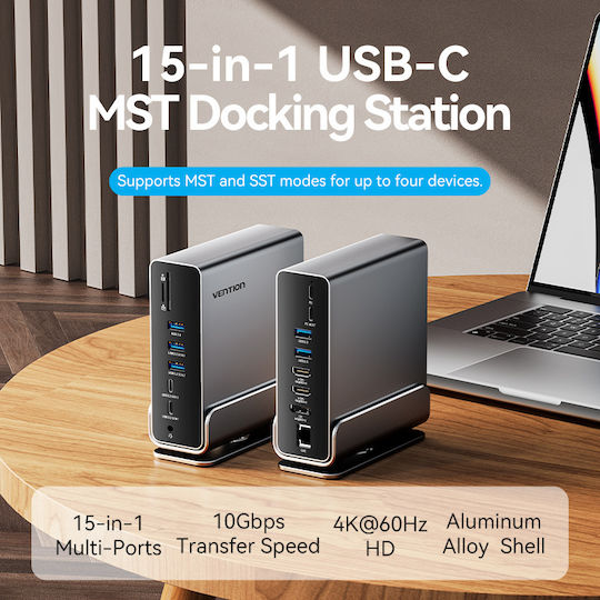 Vention USB-C Docking Station with HDMI/DisplayPort 4K PD Ethernet and Support for 3 Monitors Gray (TPUH0)