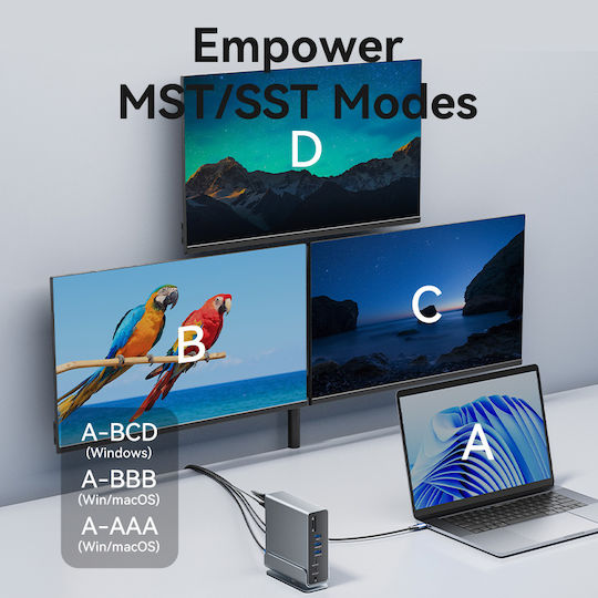 Vention USB-C Docking Station with HDMI/DisplayPort 4K PD Ethernet and Support for 3 Monitors Gray (TPUH0)