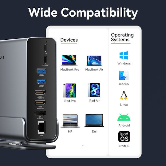 Vention USB-C Docking Station with HDMI/DisplayPort 4K PD Ethernet and Support for 3 Monitors Gray (TPUH0)