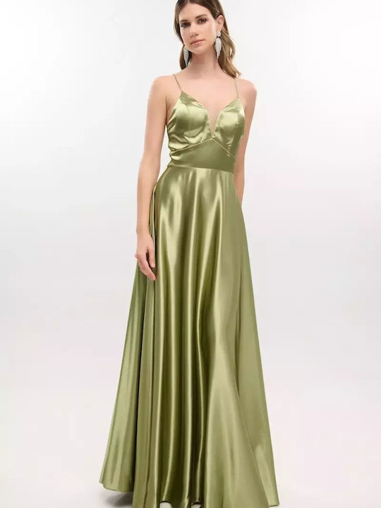 Summer Maxi Dress for Wedding Christening Satin Olive Green