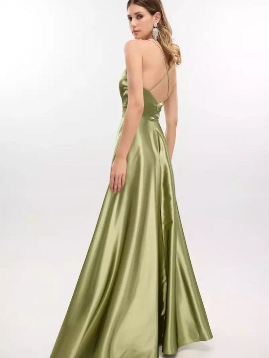 Summer Maxi Dress for Wedding Christening Satin Olive Green