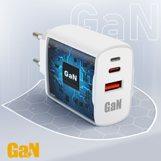 Inkax Зарядно без кабел GaN с USB-A порт и USB-C порт 45W Power Delivery Бял