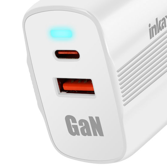 Inkax Зарядно без кабел GaN с USB-A порт и USB-C порт 45W Power Delivery Бял