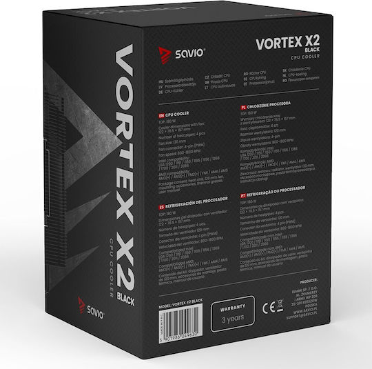 Savio VORTEX X2 CPU Cooling Fan for AM4/AM5/1200/115x/1700 Socket