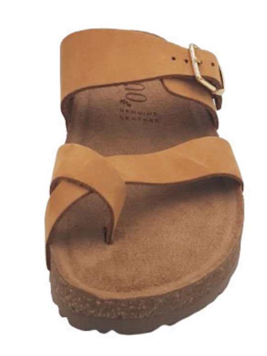 Jerba-091 Leather Women's Flat Sandals Anatomic in Tabac Brown Color