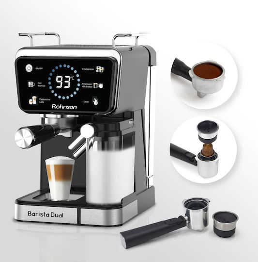 Rohnson Barista Dual Automatic Espresso Machine 1350W Pressure 20bar for Cappuccino Black