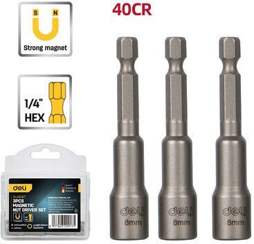 Deli Magnetische Nüsse Sechskant mit Vierkant-Antrieb HEX, 1/4" Set 3Stück