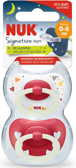 Nuk Signature Night Ορθοδοντικές Πιπίλες Σιλικόνης Νυκτός με Θήκη Άσπρο & Κοκκινο για 0-6 μηνών 2τμχ