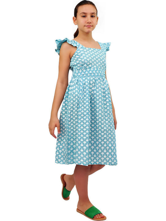 Mädchenkleid Kurzärmelig Blumen Set aus 2 mit Zubehör Türkis