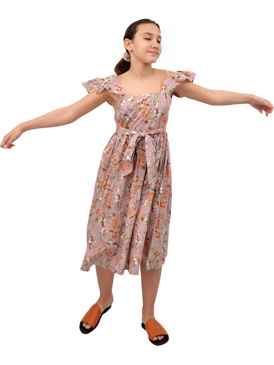 Mädchenkleid Kurzärmelig Blumen Set mit Zubehör Rosa