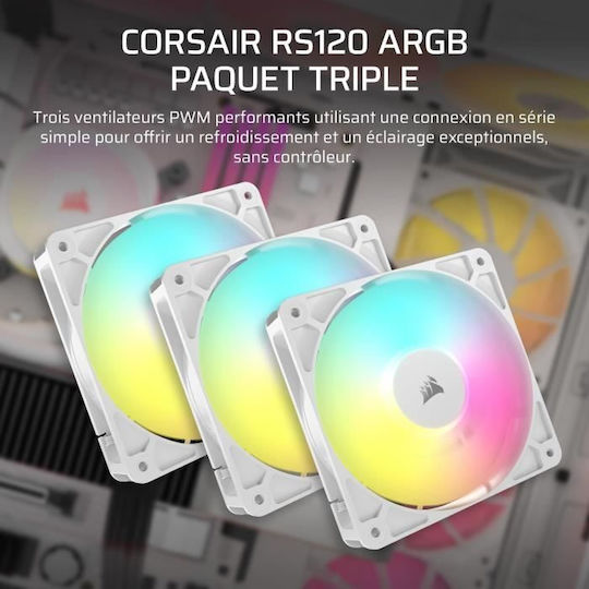Corsair RS120 Case Fan (2100rpm / 72.8cfm) with ARGB Lighting and 4-Pin PWM Connection 3pcs White
