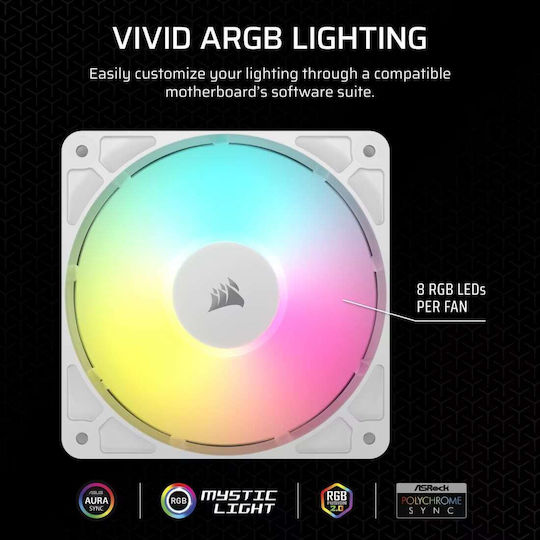 Corsair RS120 Case Fan (2100rpm / 72.8cfm) with ARGB Lighting and 4-Pin PWM Connection 3pcs White