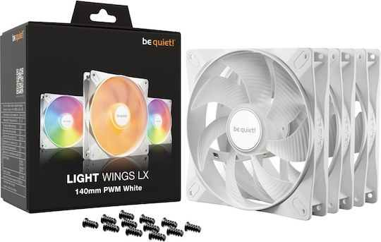 Be Quiet Light Wings LX Case Fan 140mm (1200rpm / 56cfm) with ARGB Lighting and 3-Pin / 4-Pin PWM Connection 3pcs White