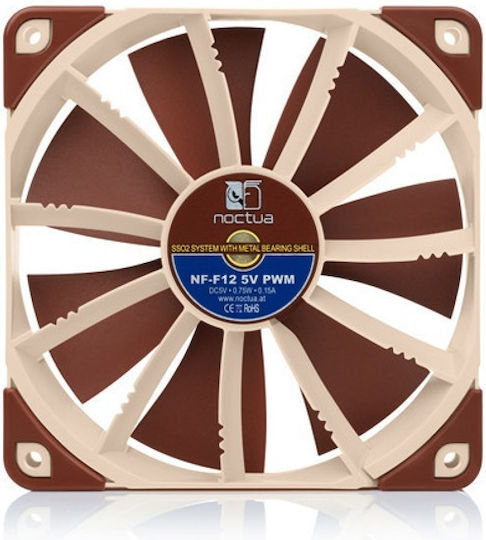 Noctua NF-F12 5V Вентилатор за кутия 120mm (1500rpm / 54.97cfm) Без LED осветление и свързване 4-изводна PWM кафяв
