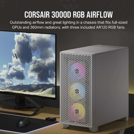 Corsair 3000D Airflow TG RGB Gaming Midi Tower Computer Case with Side Window White