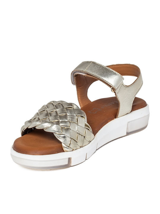 Δερμάτινα Γυναικεία Ανατομικά Σανδάλια Flatforms Χρυσά