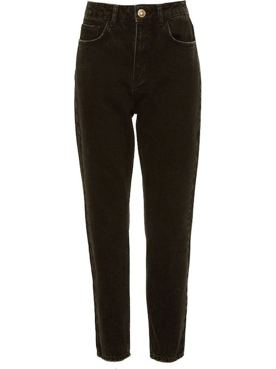 High Waist Women's Jean Trousers in Mom Fit Black Denim