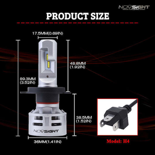 NovSight Lamps Car H4 Canbus LED 6500K Cold White 12-24V 60W 2pcs