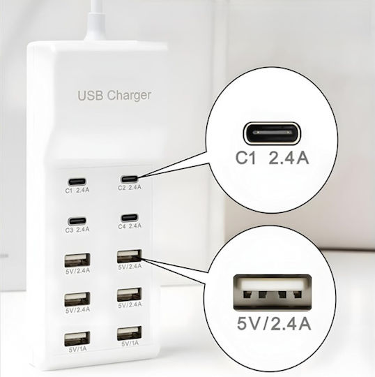 Treqa Charging Stand with 6 USB-A Ports and 4 USB-C Ports Power Delivery in White color (CH-650)