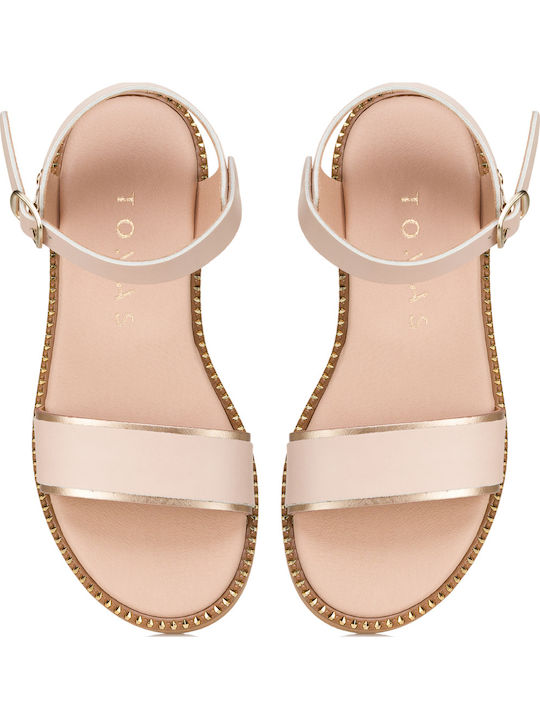 Leather Women's Flat Sandals with Strap Nude