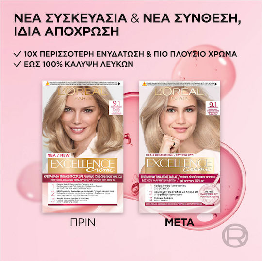 L'Oreal Paris Excellence Creme Βαφή Μαλλιών 9.1 Ξανθό Πολύ Ανοιχτό Σαντρέ 48ml