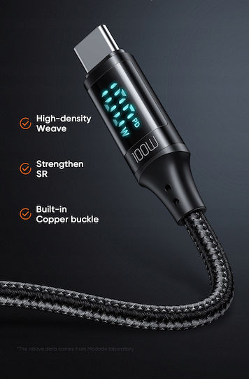 Mcdodo CA-1100 Braided / LED USB 2.0 Cable USB-C male - USB-C 100W PD Μαύρο 1.2m CA-1100