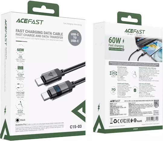 Acefast LED / Braided USB 2.0 Cable USB-C male - USB-C 66W Μαύρο 1.2m C15-03