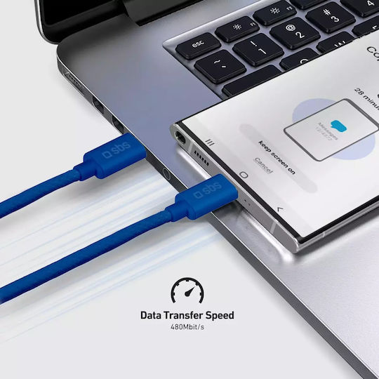 SBS Braided USB 2.0 Cable USB-C Male - USB-C 60W PD Blue 1.5m
