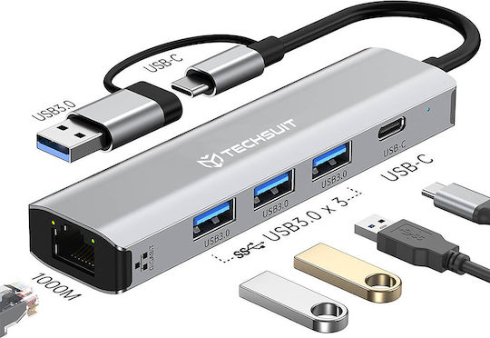 Techsuit USB Hub 5 Ports USB 3.0 with USB-C Connection Ethernet Gray