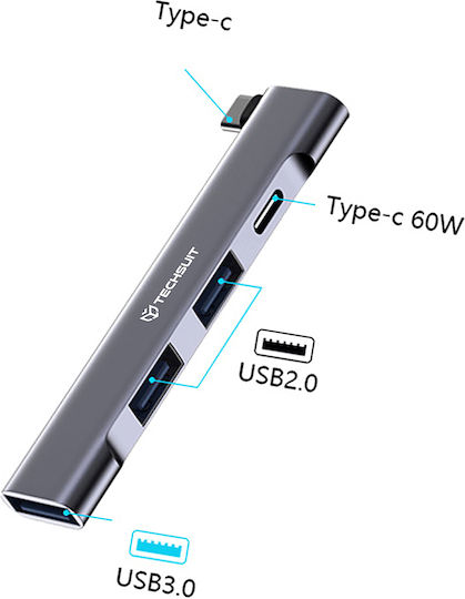 Techsuit Hub 4 Θυρών USB 3.0 με σύνδεση USB-C Γκρι