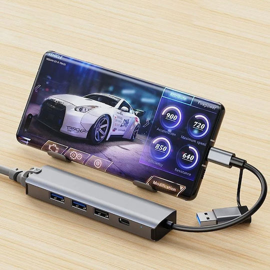 Techsuit USB Hub 5 Ports USB 3.0 with USB-C Connection Ethernet Gray