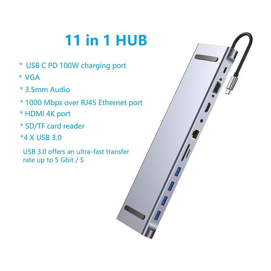 A-014 USB-C Докинг станция с HDMI 4K PD Ethernet Сребрист
