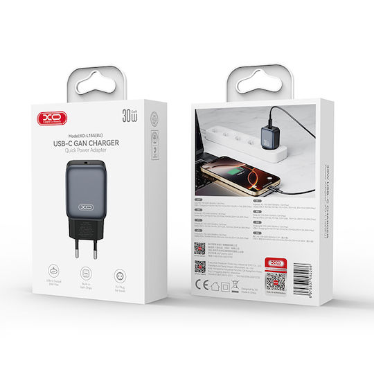XO Ladegerät ohne Kabel GaN mit USB-C Anschluss 30W Stromlieferung Schwarzs (L155)