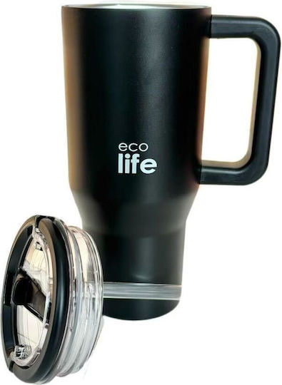 Ecolife Recyclable Handled Tumbler Thermos Stainless Steel BPA Free 900ml Rich Black with Straw and Handle