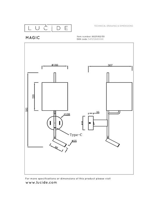 Lucide Lightning Magic Leuchte Wand mit Fassung E27 mit USB-Anschluss Schwarz