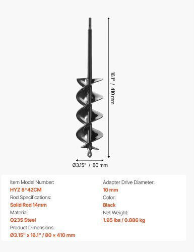 Vevor Auger Drill Bit 3.15 X 16.1 In Earth Spiral Post Hole Digger Planter Tool