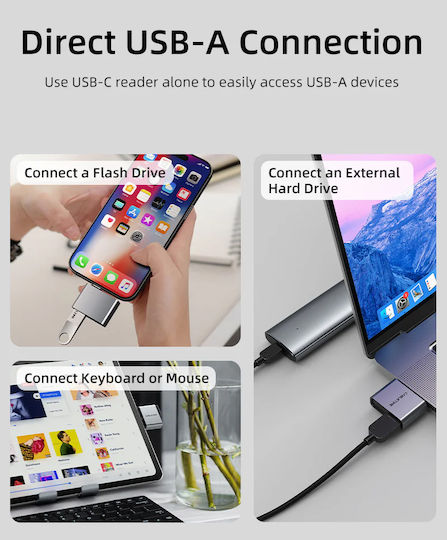Cabletime Кард Рийдър USB 3.0 Type-C За SD Сива