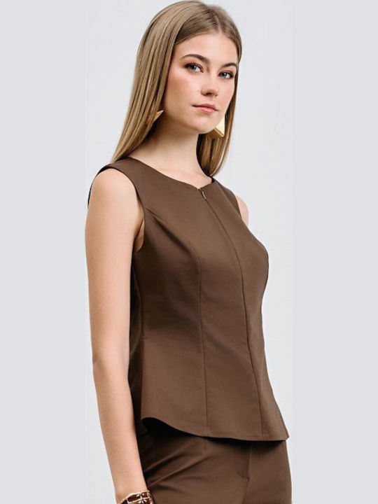 Women's Blouse Cotton Sleeveless with Zipper Brown