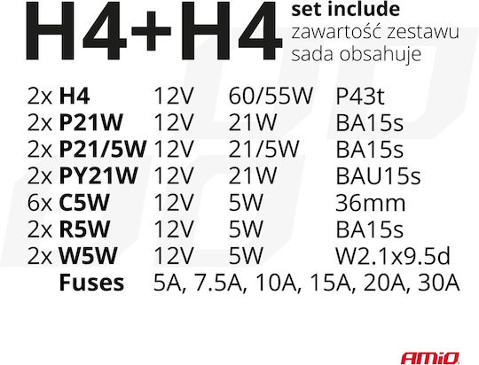 AMiO Lampen Auto H4 / P21/5W / P21W / C5W / C10W / W5W / R5W / R10W 12V 21W 30Stück