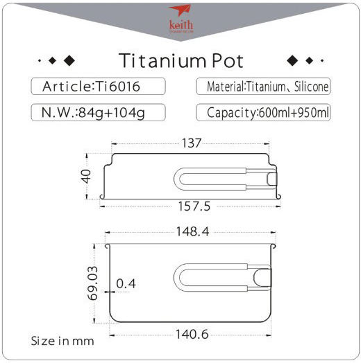 Keith Pan Kochset 2-teilig Titanium Topf Pfanne Kochset 950/600ml Silber