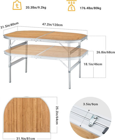 KingCamp Table for Camping Foldable in Case 120x80cm